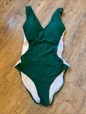 Forest Green One-Piece Swimsuit with White Side Panels